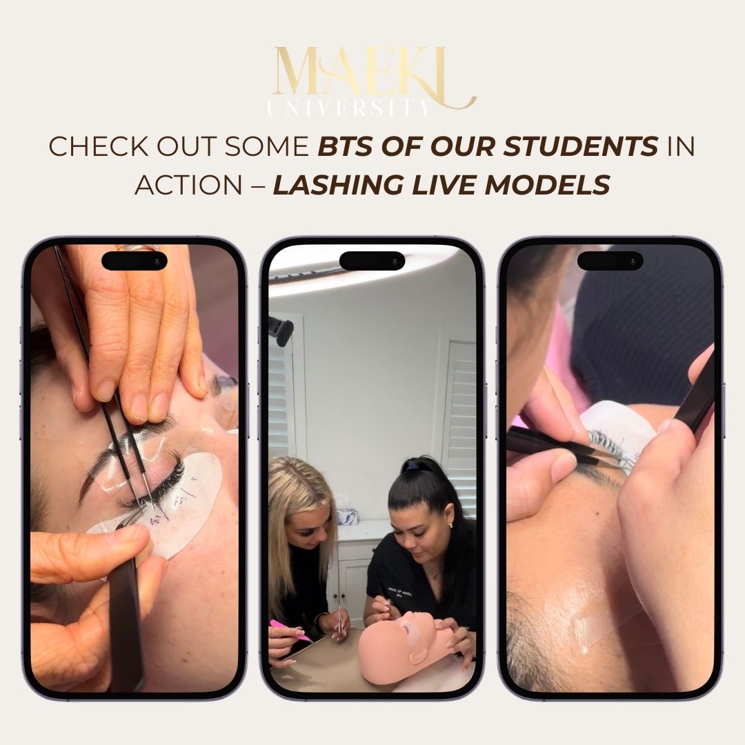 Three phone screens showing lash application on models with text about students in action.