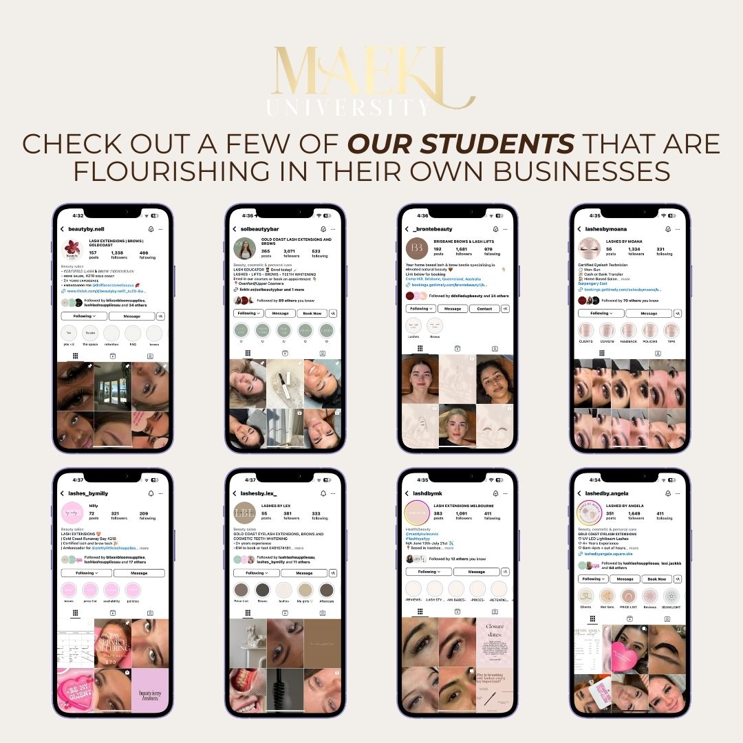 Multiple smartphone screens displaying social media profiles with a promotional message about students thriving in their businesses.