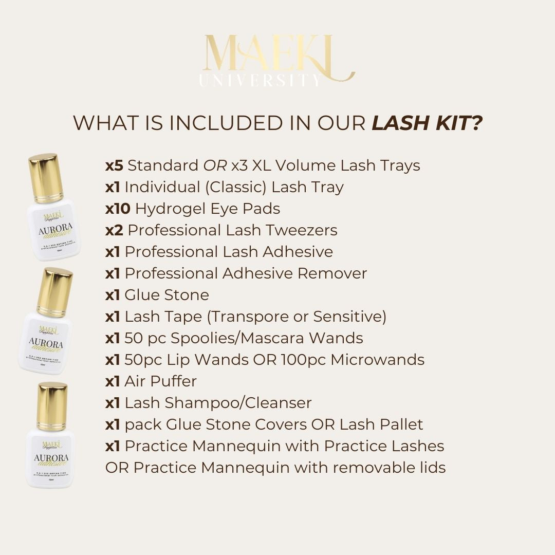 Lash kit contents list with mascara bottles on a white background