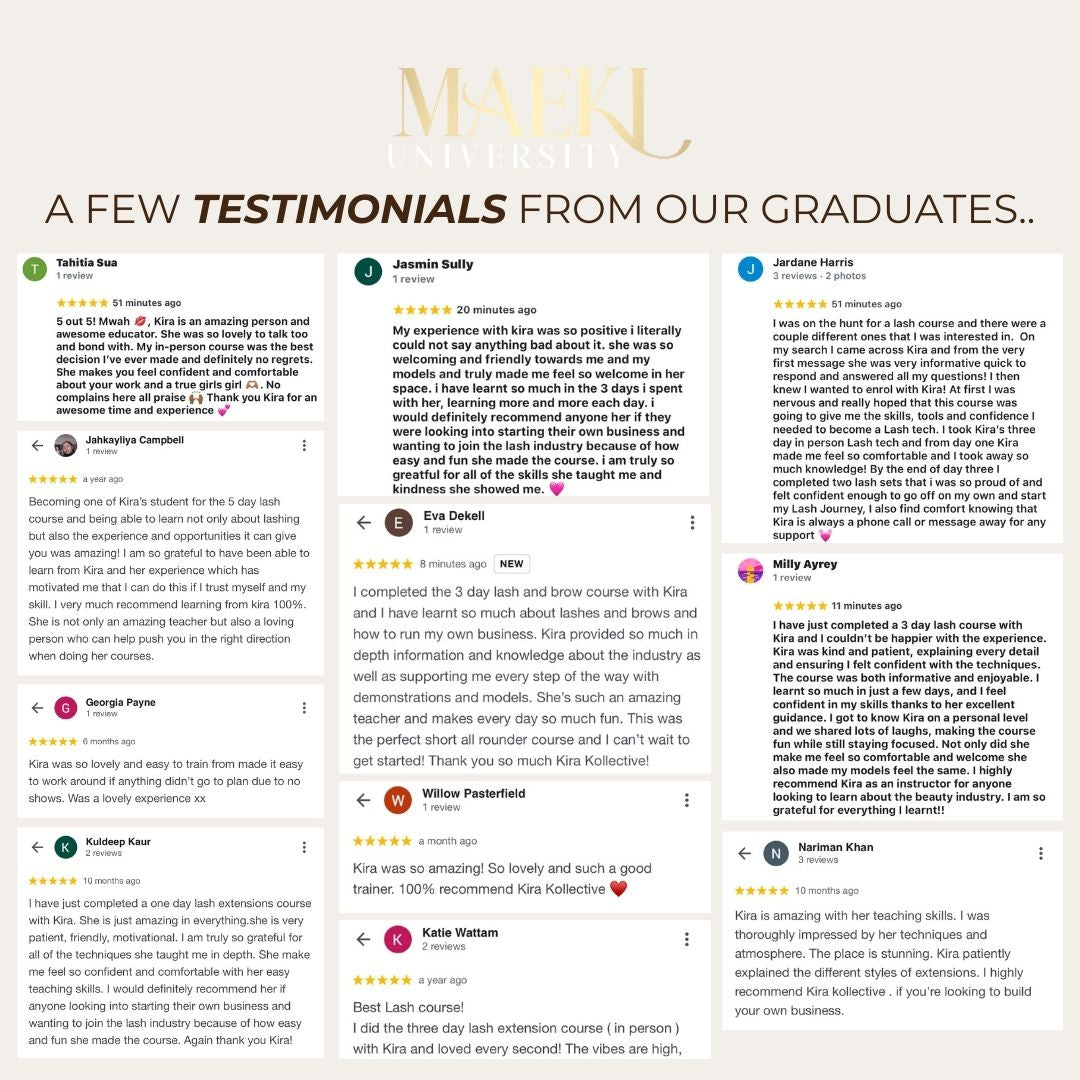 Testimonials from graduates on a white background with 'MAEKI' branding.