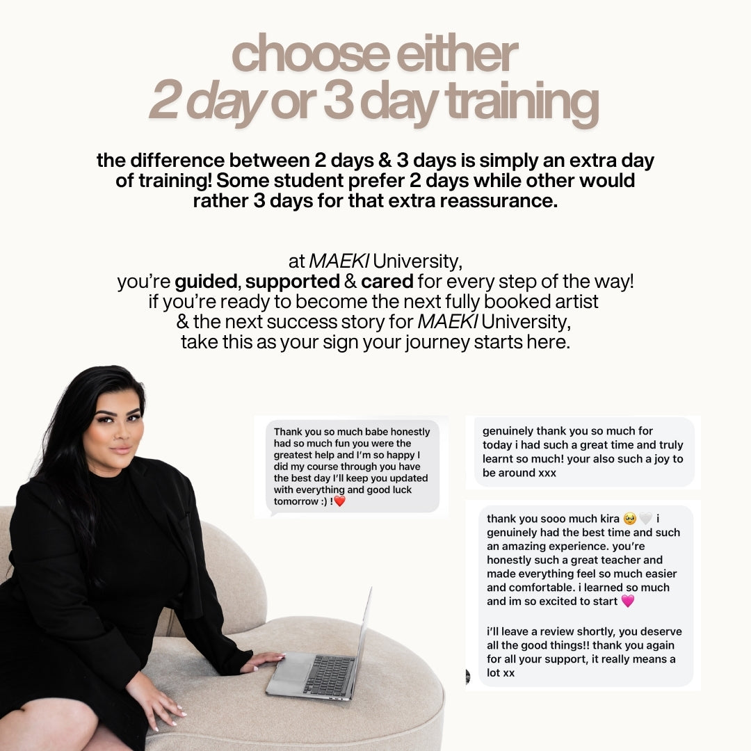 Promotional text for MAEKI University with a woman sitting on a couch using a laptop.