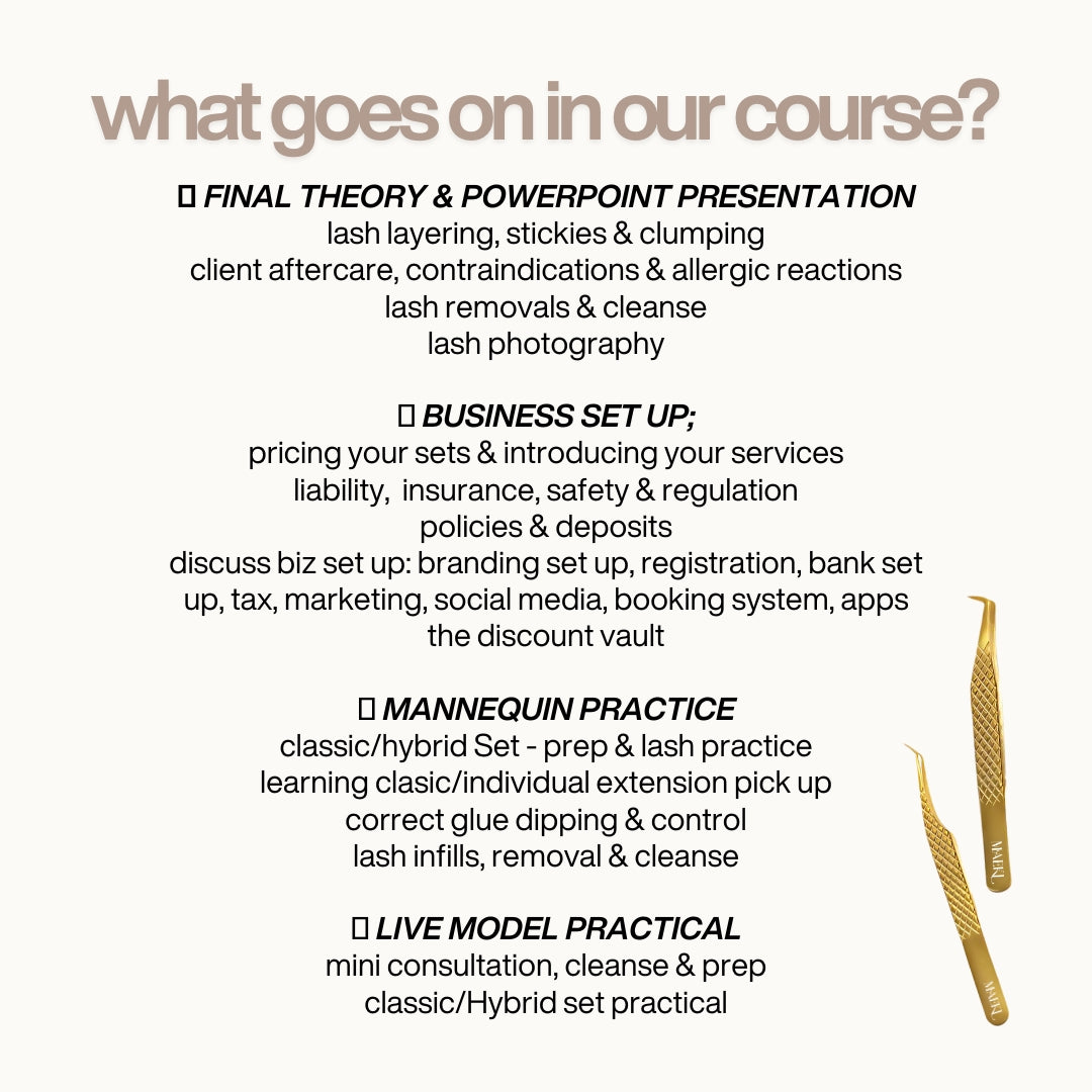 Course outline with text and a gold eyelash extension tool on a white background