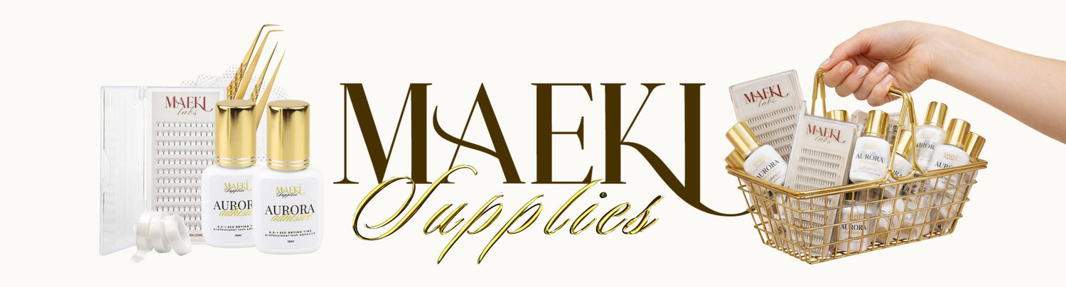 Maeki Supplies products including bottles, a basket, and a box on a white background.