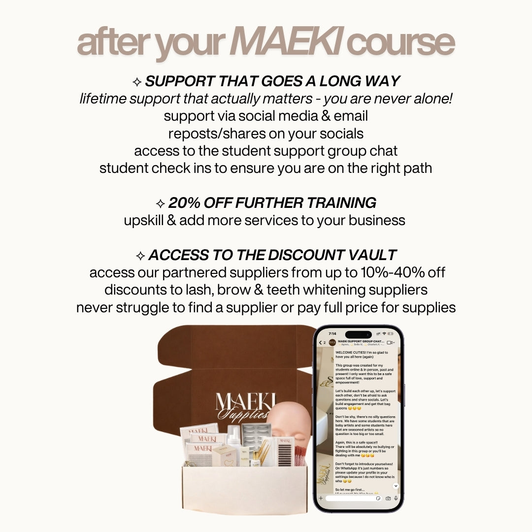 Promotional graphic for MAEKI course support and benefits with a phone and product display.
