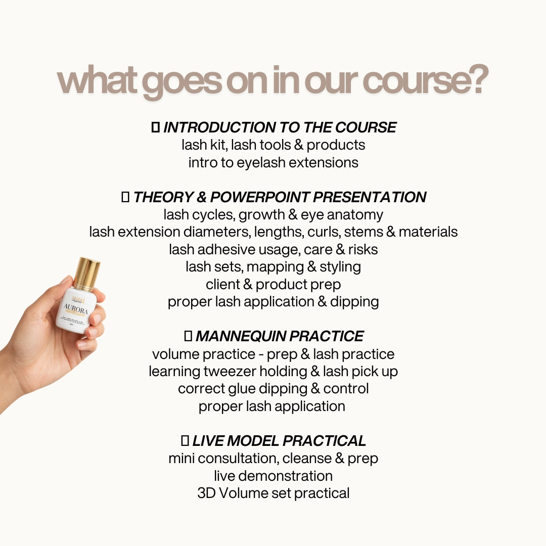 Course outline for eyelash extensions with a hand holding a lash product on a white background.